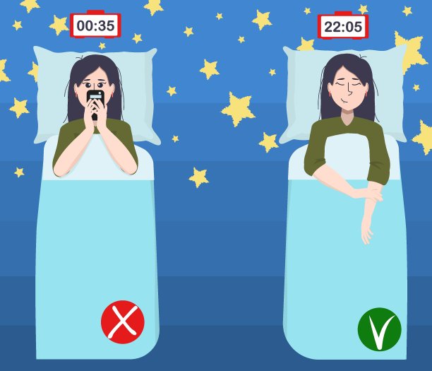 矢量插图一个年轻的亚洲黑发女子睡着了在她的床上与她的手机。合理作息和健康睡眠的概念图片下载