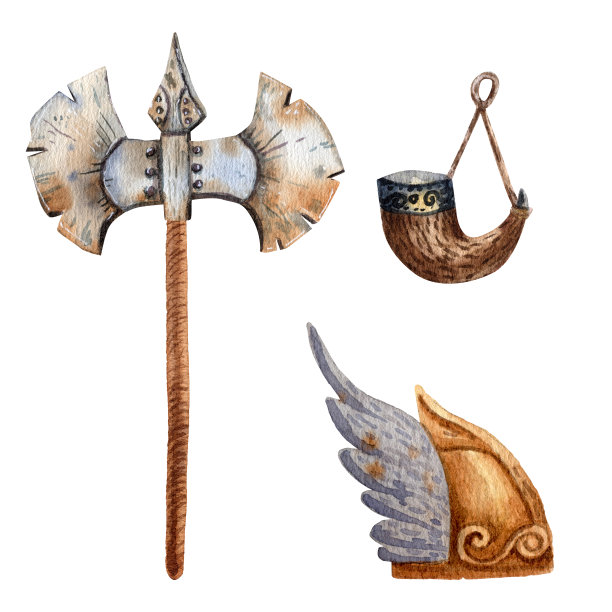 维京人的手臂。可爱的卡通风格的艺术。维京斧，号角和头盔。海盗党装饰。古老的斯堪的纳维亚传统物品。卡片和印刷插图。图片下载