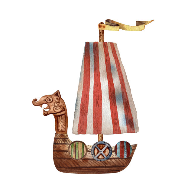 可爱的维京德拉卡插图。古代斯堪的纳维亚的船。古老的海洋运输。有趣的卡通插画风格。北longship。木制军舰。红色条纹国旗。木drakkar。图片下载