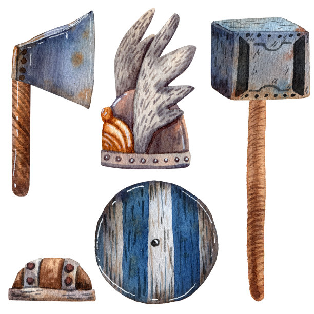维京人的手臂。可爱的卡通风格的艺术。北欧海盗的斧头，锤子，盾牌和头盔。海盗党装饰。古老的斯堪的纳维亚传统物品。卡片和印刷插图。图片下载