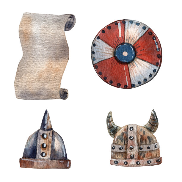 维京人的手臂。可爱的卡通风格的艺术。维京头盔，盾牌和旧纸。海盗党装饰。古老的斯堪的纳维亚传统物品。卡片和印刷插图。图片下载