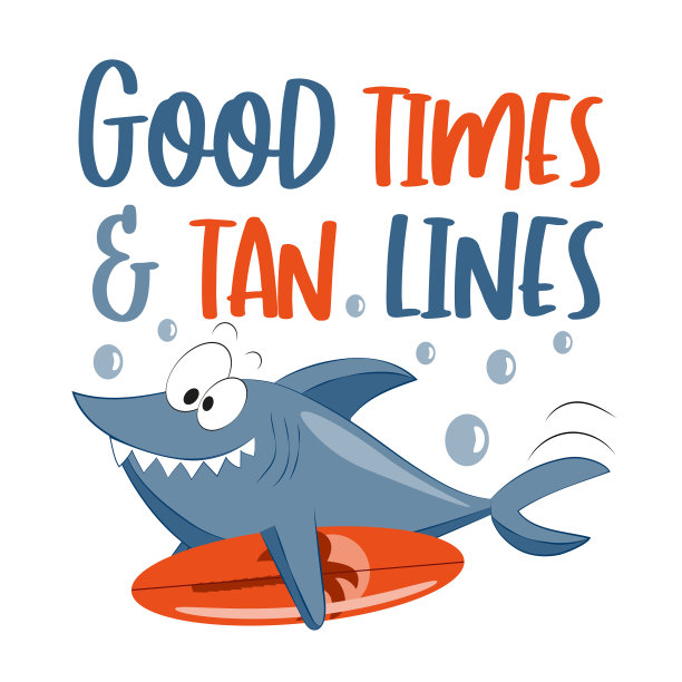 好时光和晒线-有趣的夏天口号与鲨鱼和冲浪板。图片下载