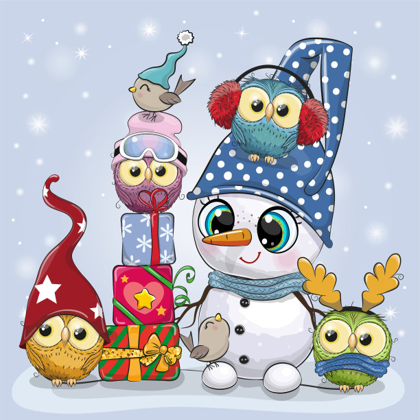戴帽子的雪人和四只猫头鹰图片下载