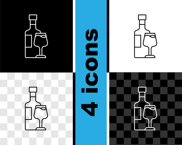 设置线条酒瓶与玻璃图标隔离在黑色和白色，透明的背景。向量图片下载