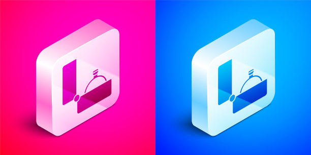 等距钻石订婚戒指图标孤立在粉红色和蓝色背景。银广场按钮。向量图片下载