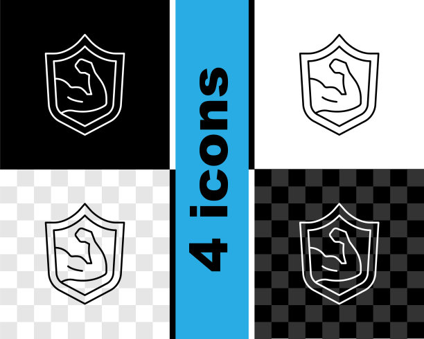 设置线条健美显示他的肌肉图标孤立的黑色和白色，透明的背景。适合健身强度健康爱好概念。向量图片下载