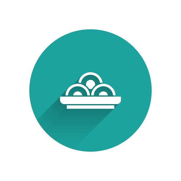 白色亚洲面条在碗图标孤立与长影子。街头快餐。韩国菜，日本菜，中国菜。绿色圆圈按钮。向量图片下载