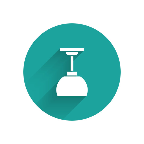 白色的灯悬挂着孤立的带有长长的影子的图标。顶灯灯泡。绿色圆圈按钮。向量图片下载