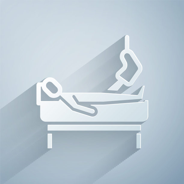 腿部骨折的病人在灰色背景上的医院图标中。病人的住院治疗。病人躺在床上。纸艺术风格。向量图片下载