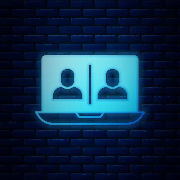 霓虹灯视频聊天会议图标孤立在砖墙的背景上。在线会议工作在家。远程项目管理。向量图片下载