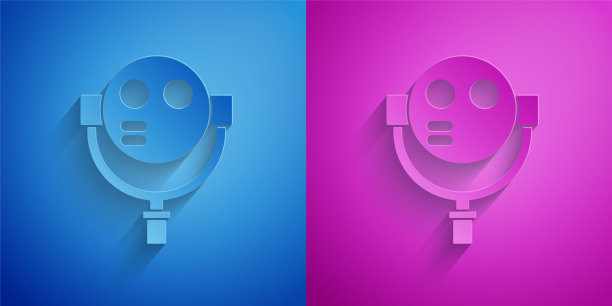 剪纸旅游望远镜图标孤立在蓝色和紫色的背景。游客观景台的双筒望远镜。纸艺术风格。向量图片下载