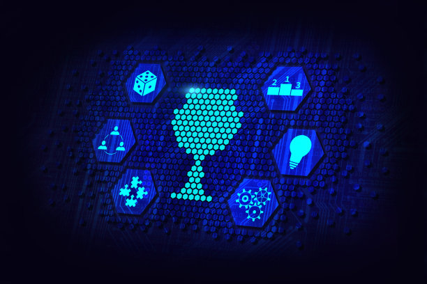 游戏化在商业，教育娱乐，游戏设计概念在霓虹灯蓝色的黑暗背景图片下载