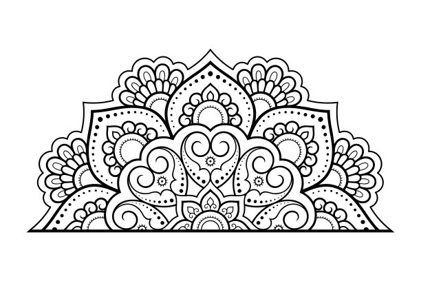 圆形的曼荼罗图案，花为指甲花，曼海蒂，纹身，装饰。具有东方民族风格的装饰装饰。轮廓涂鸦手绘矢量插图。图片下载