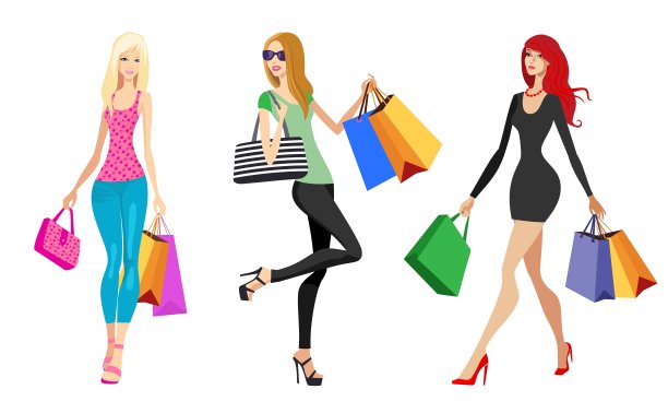三个漂亮的女士拿着五颜六色的购物袋和时髦的衣服。图片下载
