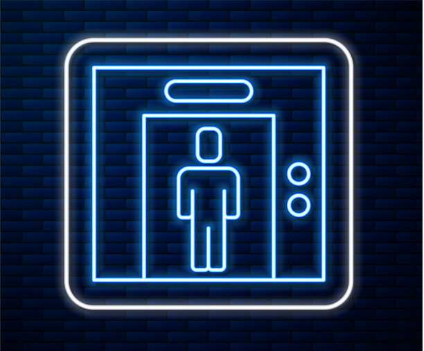 发光的霓虹灯线电梯图标孤立在砖墙上图片下载