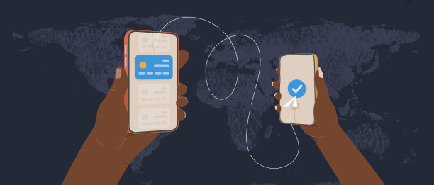 通过网上网上银行转账，绘制世界各地的平面矢量图。非洲人的手拿着电话，通过世界地图背景上的信用卡寄钱图片下载