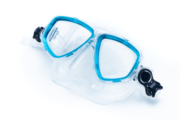 蓝色潜水面罩和通气管孤立在白色背景。图片下载