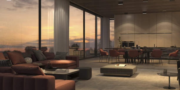 优雅和豪华的夜间照明开放式客厅，厨房和餐厅，大理石岛，石头地板，米色墙壁，木制天花板。窗户可以俯瞰日落。室内3d渲染图图片下载