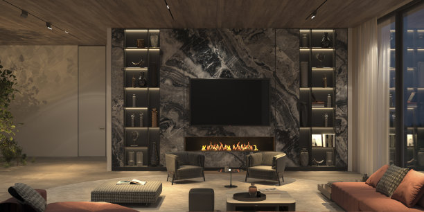 典雅豪华的室内开放式客厅，配有夜间照明，大理石电视墙，书架，石材地板，木质天花板。3d渲染插图明亮的颜色公寓设计与壁炉。图片下载