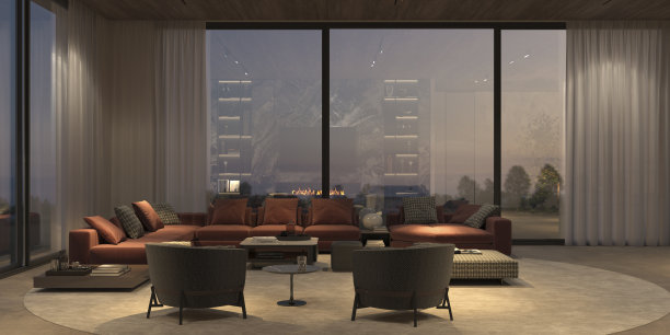 现代豪华室内全景窗户和自然景观，石头地板，白色墙壁和木制天花板。最小公寓设计餐厅和客厅与夜晚照明。3 d渲染插图。图片下载