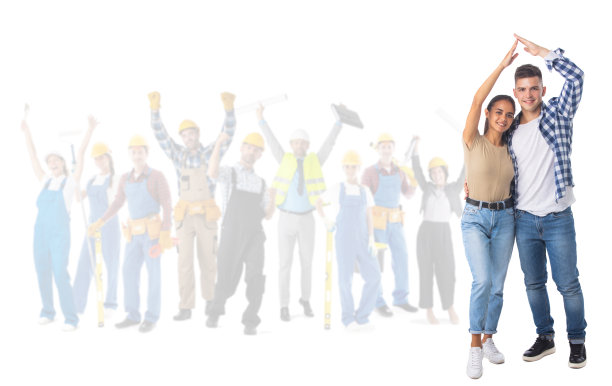 夫妇与房屋标志和工人图片下载