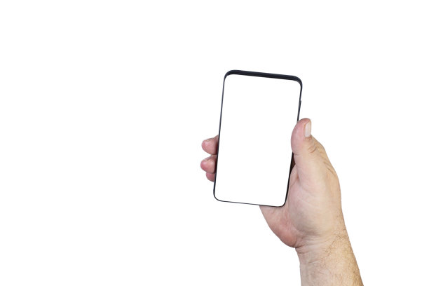 一个男人右手拿着白屏的智能手机。白色背景,孤立。放置文本或图形，平铺，复制空间。图片下载