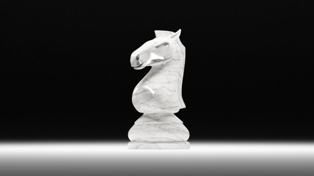 白色的象棋骑士由大理石在黑色的背景。象征着力量和力量。数字3 d渲染。图片下载