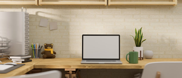 3D渲染，笔记本电脑和模拟屏幕上的木桌，用品和花盆装饰在房间里图片下载