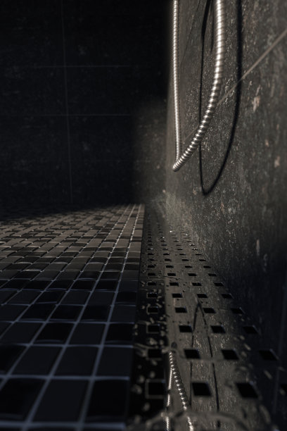 傍晚阳光下，马赛克瓷砖淋浴盘金属排水沟上水滴的3d渲染图片下载