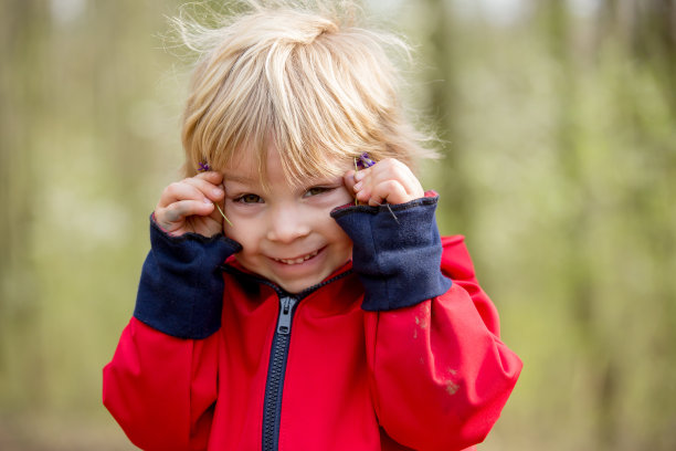 小孩子，小男孩，在森林里采集春天的野花图片下载