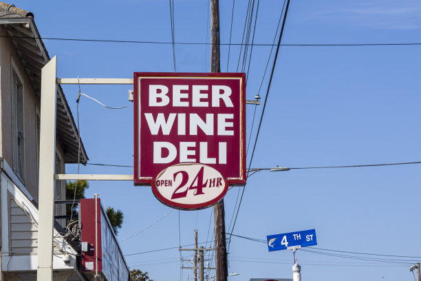 旅游小镇上便利商店前的普通路标。图片下载