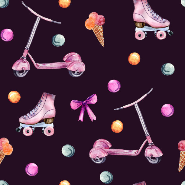 水彩手绘无缝图案与粉色滑板车，溜冰鞋，冰淇淋，弓和气泡。图片下载