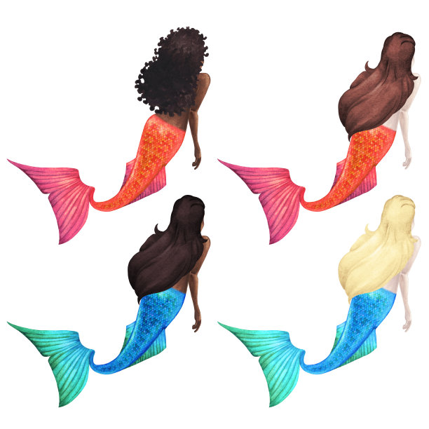 水彩游泳美人鱼。从后面看。图片下载