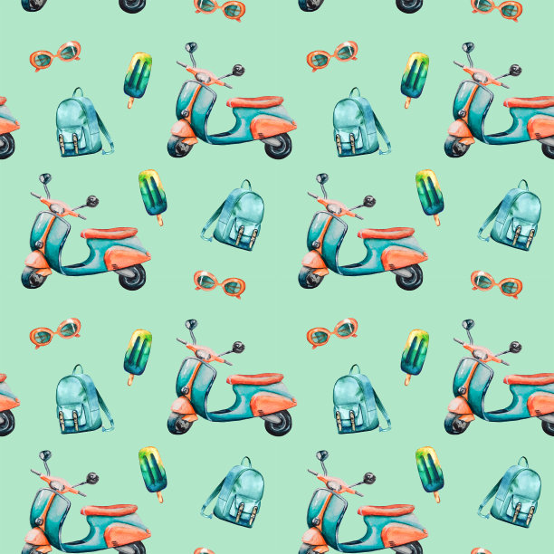 水彩手绘无缝模式与老式摩托车，背包，冰淇淋和橙色太阳镜在绿松石背景。图片下载