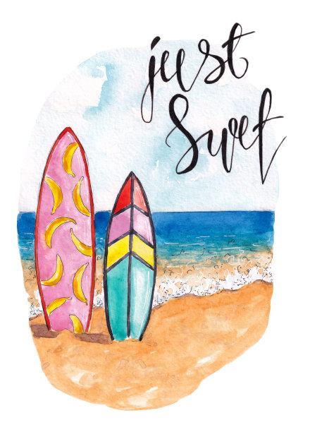手绘水彩插图。海滩冲浪板图片下载
