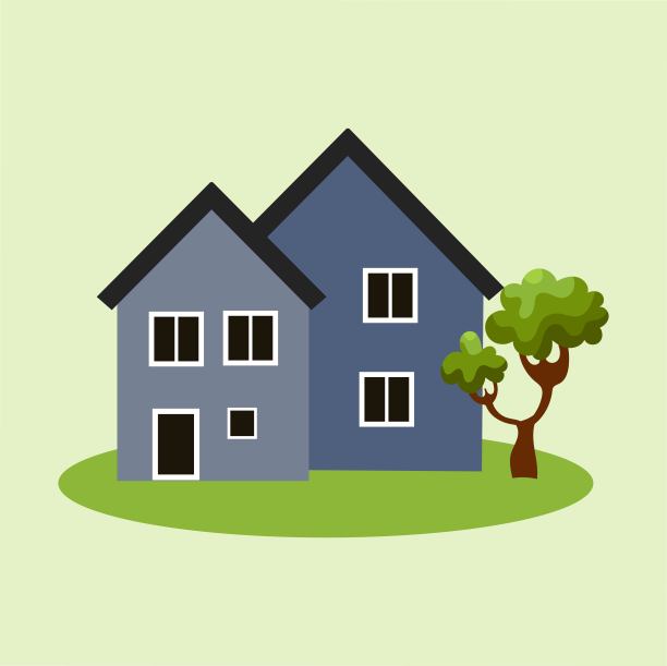 房子图标与树和草坪。简单的风格。图片下载