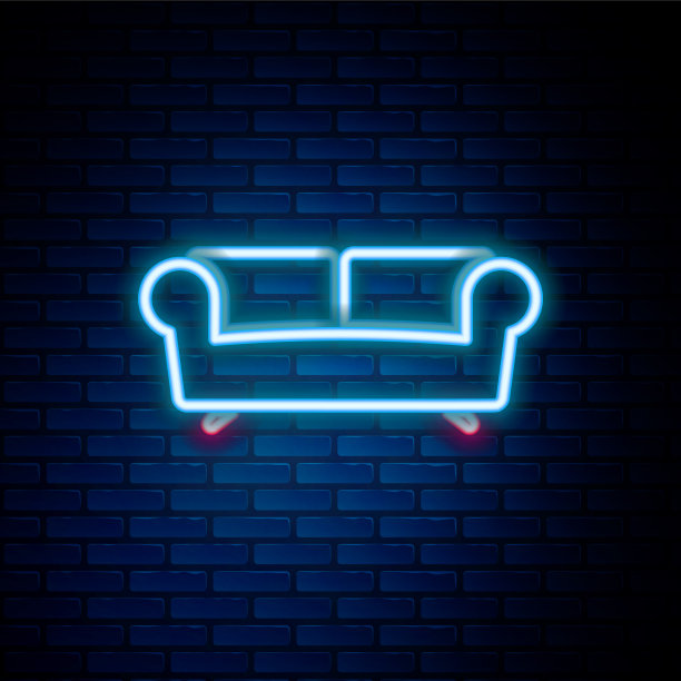 霓虹灯线条沙发图标孤立在砖墙上图片下载