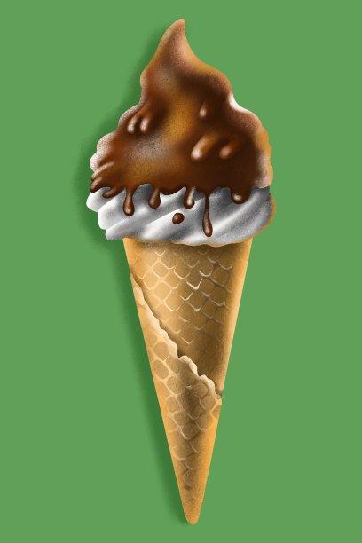 手绘纹理冰淇淋孤立在绿色背景。美味酥脆的冰淇淋加上巧克力糖衣。用于海报，室内，菜单，餐厅，卡片，小册子，传单，印刷，纺织品，横幅图片下载