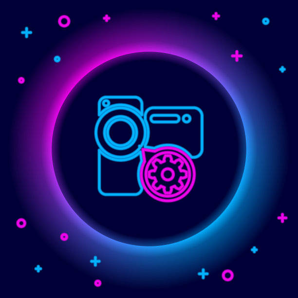 发光的霓虹灯线摄像机和齿轮图标图片下载