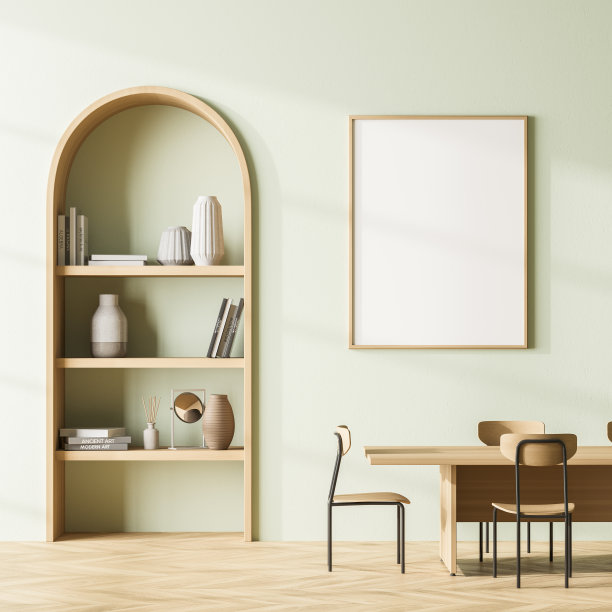 现代模拟海报框架在室内背景，餐厅与桌子和椅子。三维渲染图片下载