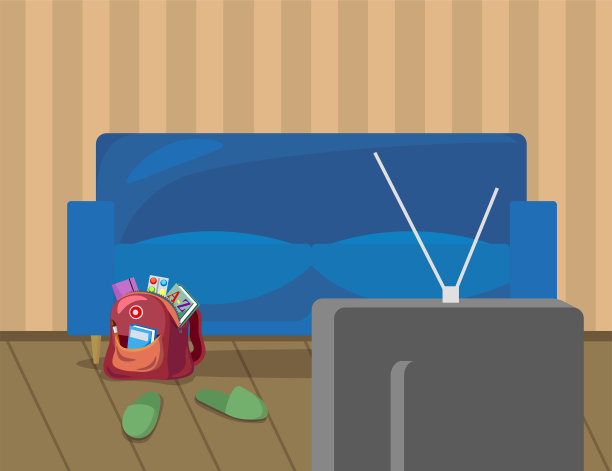 客厅内部有沙发，背包和电视插图图片下载