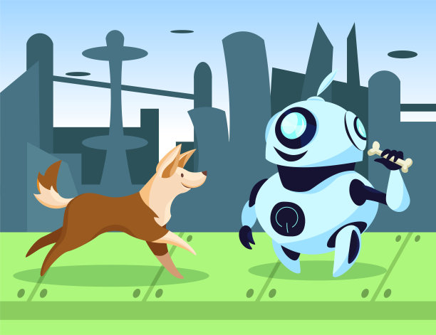 卡通机器人扔骨头给狗的插图图片下载