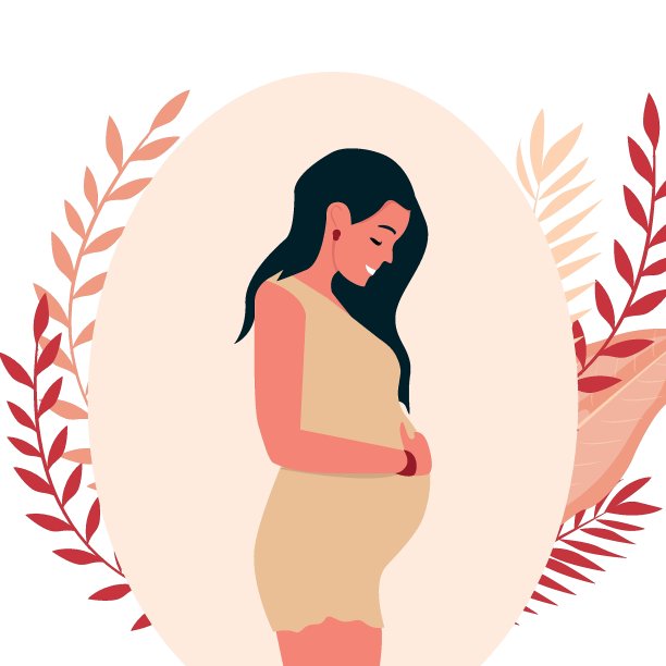 快乐的孕妇抚摸着肚子，美丽的树叶装饰，矢量图图片下载