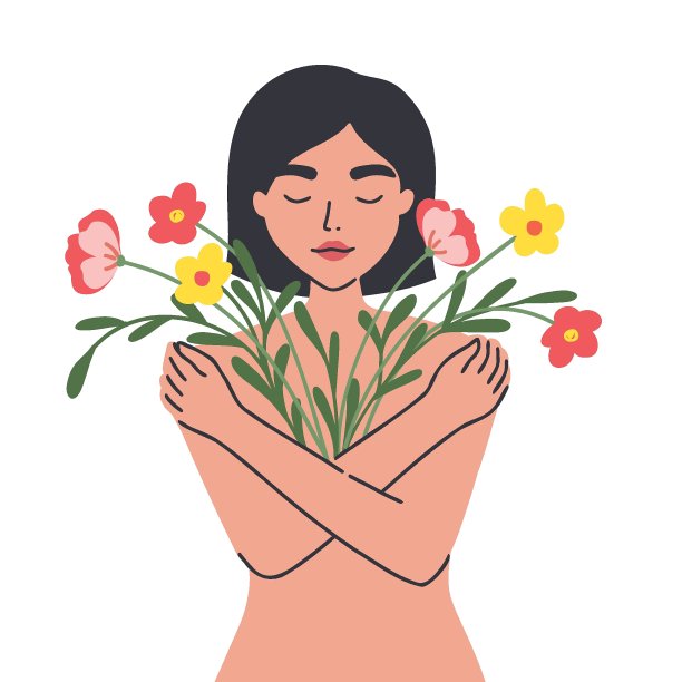 心态概念说明。女人用爱和同情拥抱自己。女性赤裸的身体和花朵象征着自爱和身体接受。平面向量的设计图片下载