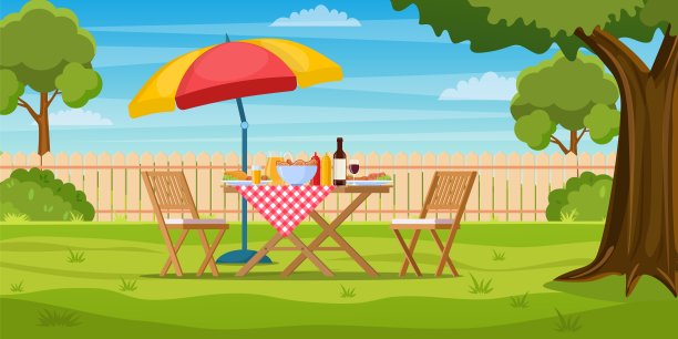 后院有栅栏的烧烤派对图片下载