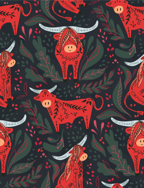 无缝图案与可爱的红色卡通公牛和野牛与民间图案在绿色的背景。带有花卉图案的东方符号。有部落装饰的牛。图片下载