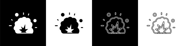 设置炸弹爆炸与碎片和火球图标隔离在黑白背景。向量图片下载