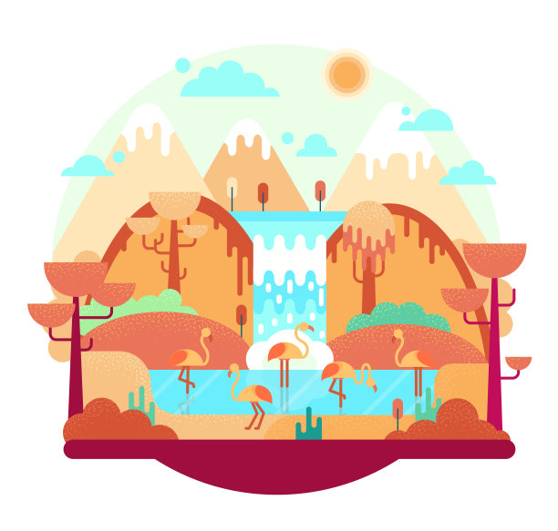 矢量卡通插图在平面卡通风格。粉红色的火烈鸟在湖上，非洲的风景图片下载