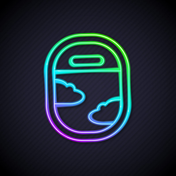 发光的霓虹线飞机窗口图标隔离在黑色背景。飞机舷窗。向量图片下载