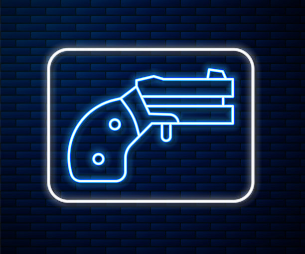 发光的霓虹灯线小手枪左轮图标孤立在砖墙的背景。用于自卫的袖珍手枪。女士们的左轮手枪。间谍武器。向量图片下载